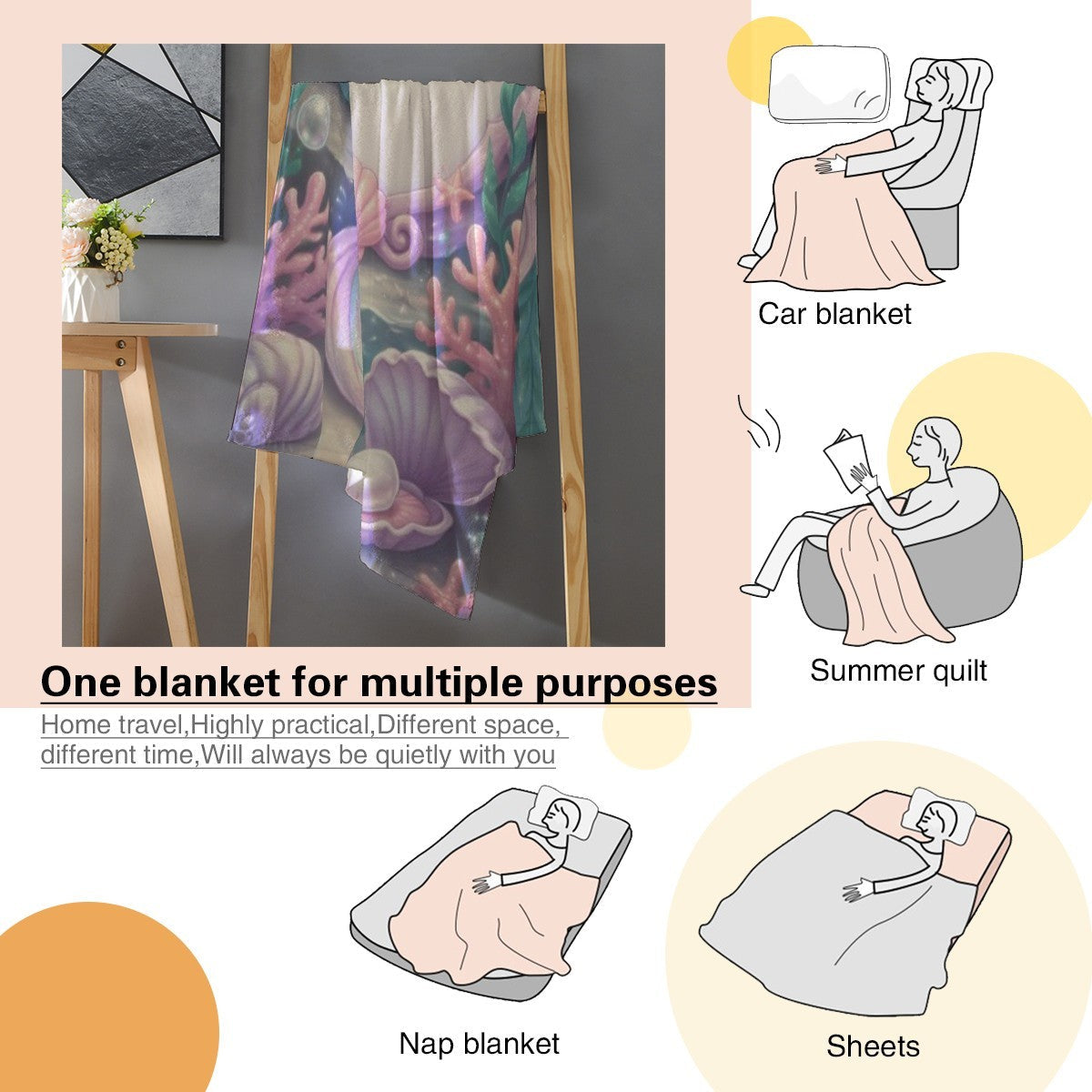 Personalized Mermaid Blanket with Name - Custom Purple Hair Mermaid and Clamshell Fleece Throw for Girls, Kids and Mermaid Lovers