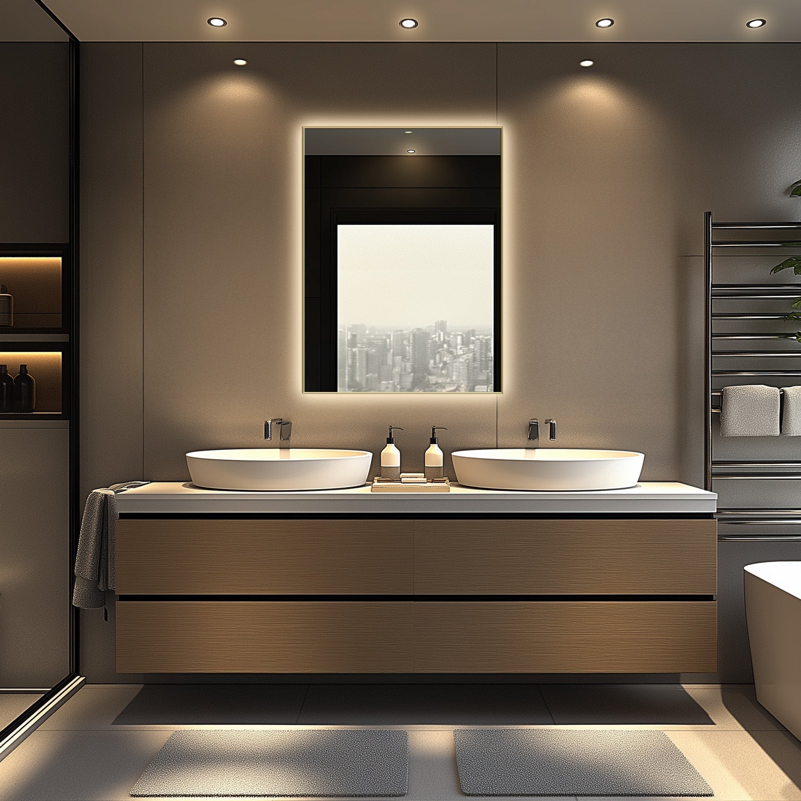 Apus Brushed Gold LED Mirror – Backlit, Anti-Fog, Dimmable