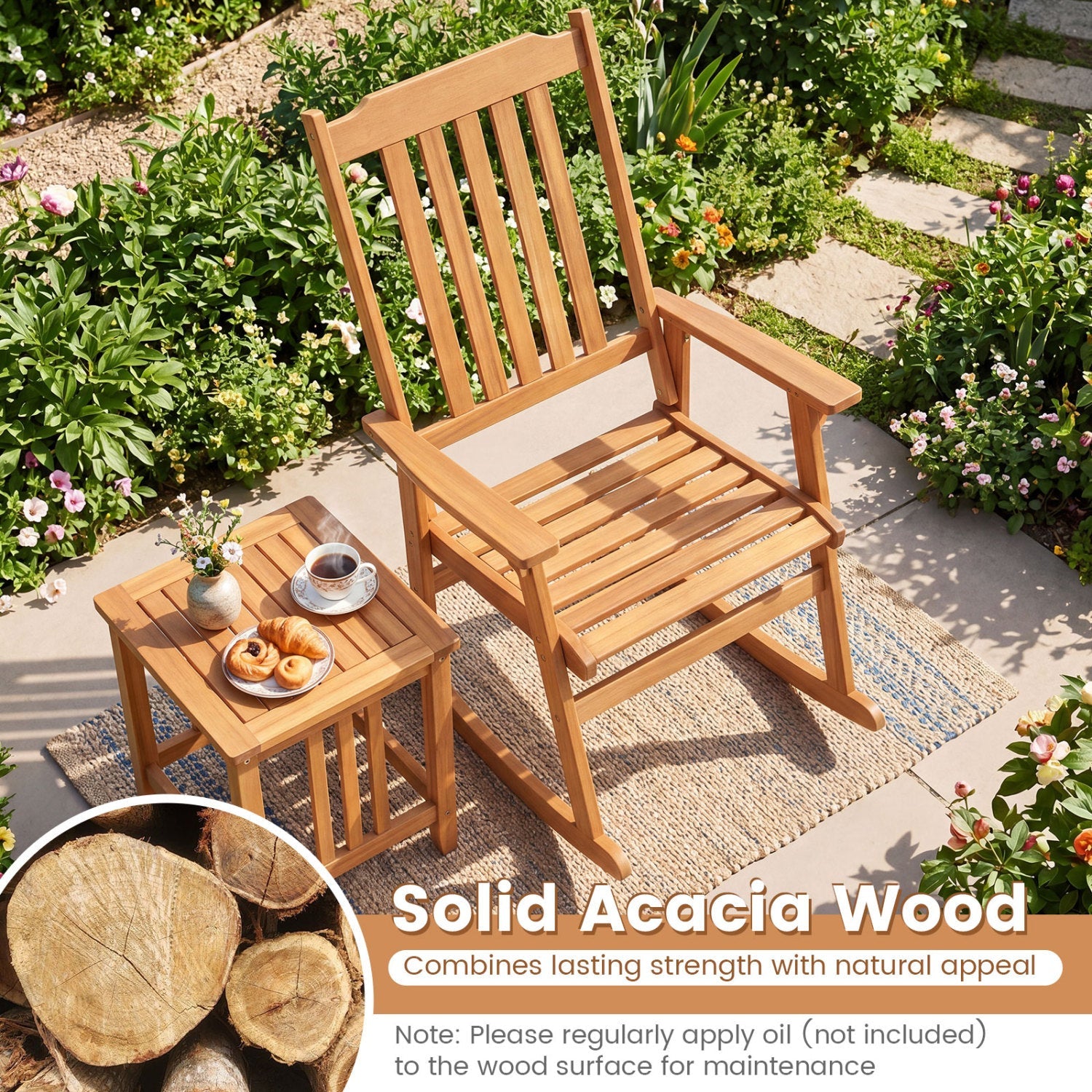Acacia Wood Rocking Chair with High Back for Patio