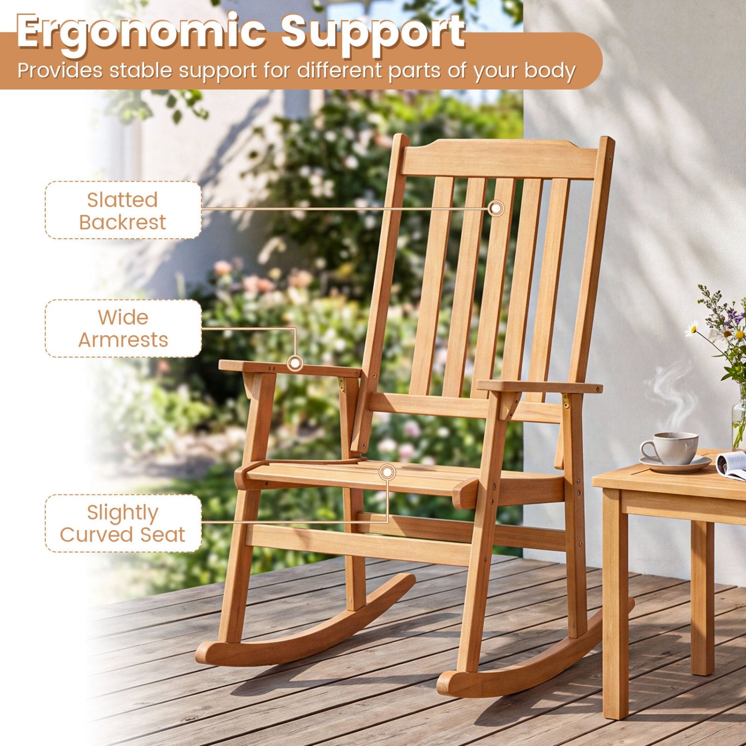 Acacia Wood Rocking Chair with High Back for Patio