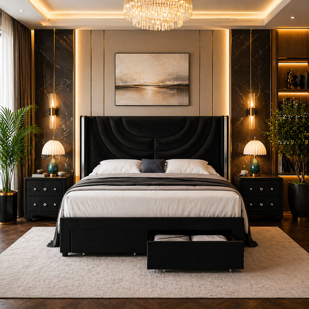 Queen LED Upholstered Bed with 2 Nightstands Bedroom Set Black
