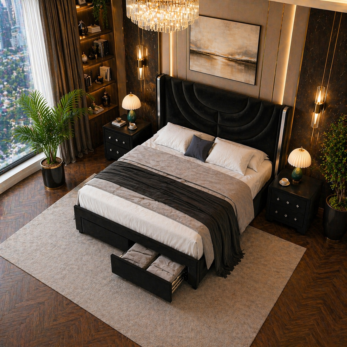 Queen LED Upholstered Bed with 2 Nightstands Bedroom Set Black