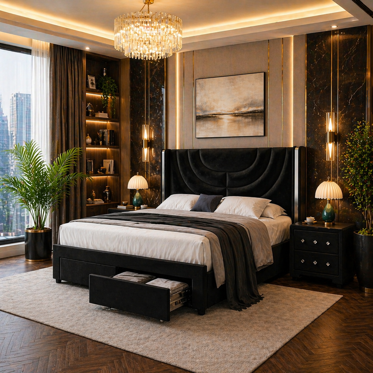 Queen LED Upholstered Bed with 2 Nightstands Bedroom Set Black
