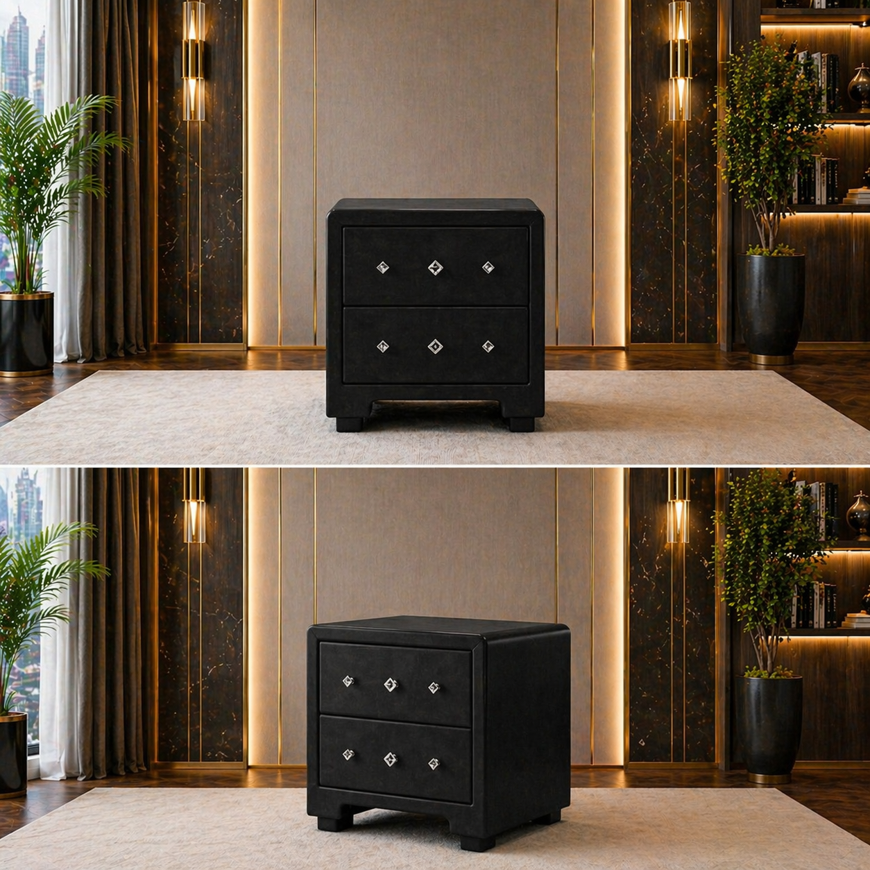 Queen LED Upholstered Bed with 2 Nightstands Bedroom Set Black