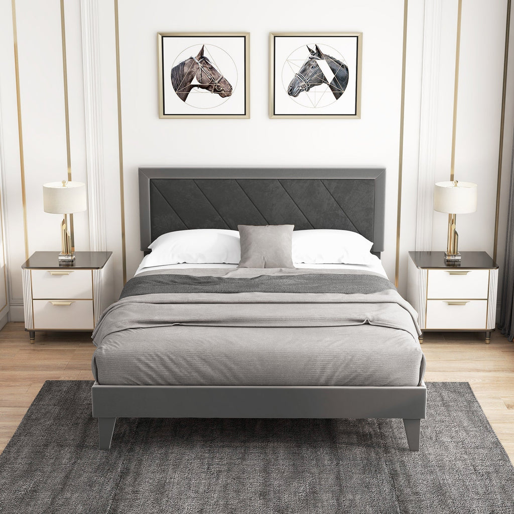 Twin/Full/Queen Platform Bed with High Headboard and Wooden Slats