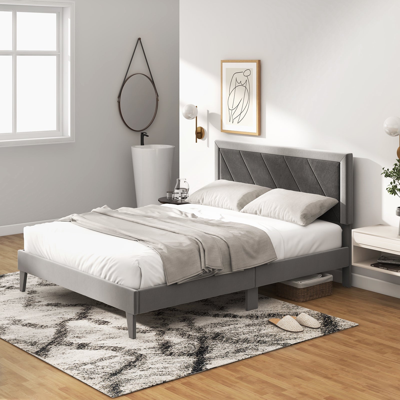 Twin/Full/Queen Platform Bed with High Headboard and Wooden Slats