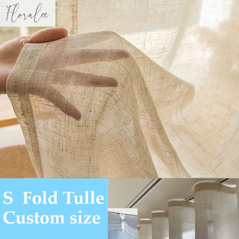 Custom Size White Tulle Beige Linen Look Sheer Curtians