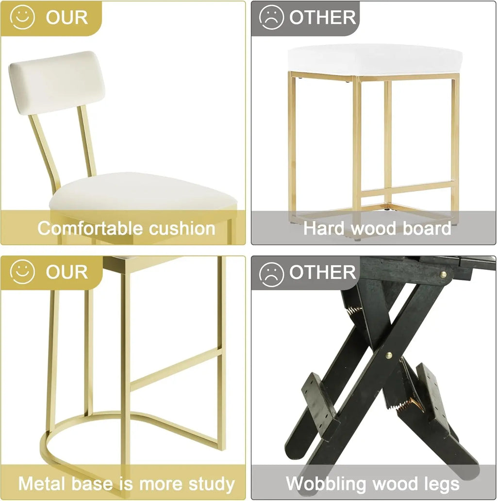 2Pcs Counter Height Bar Stools Set with Back Metal Frame & Upholstered Seat Tall Barstools for Kitchen Island, Home Dining Room