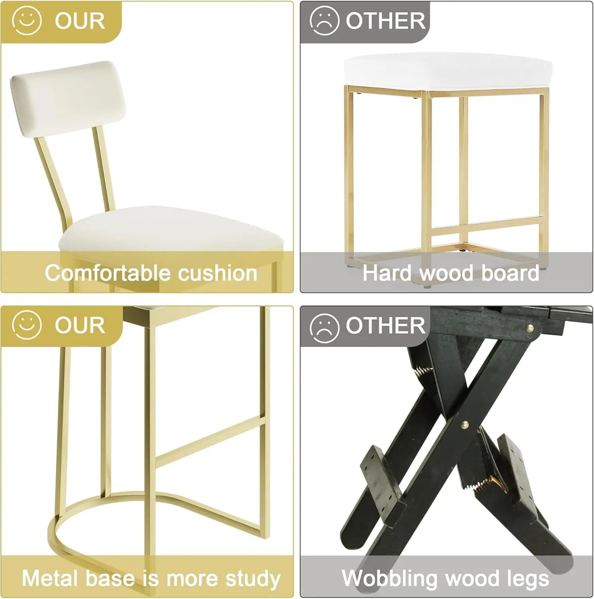2Pcs Counter Height Bar Stools Set with Back Metal Frame & Upholstered Seat Tall Barstools for Kitchen Island, Home Dining Room