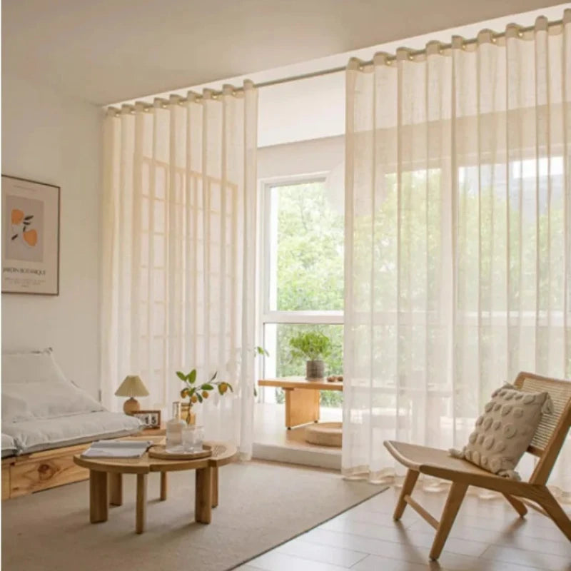 Custom Size White Tulle Beige Linen Look Sheer Curtians