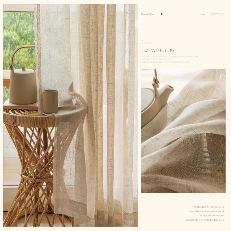 Custom Size White Tulle Beige Linen Look Sheer Curtians