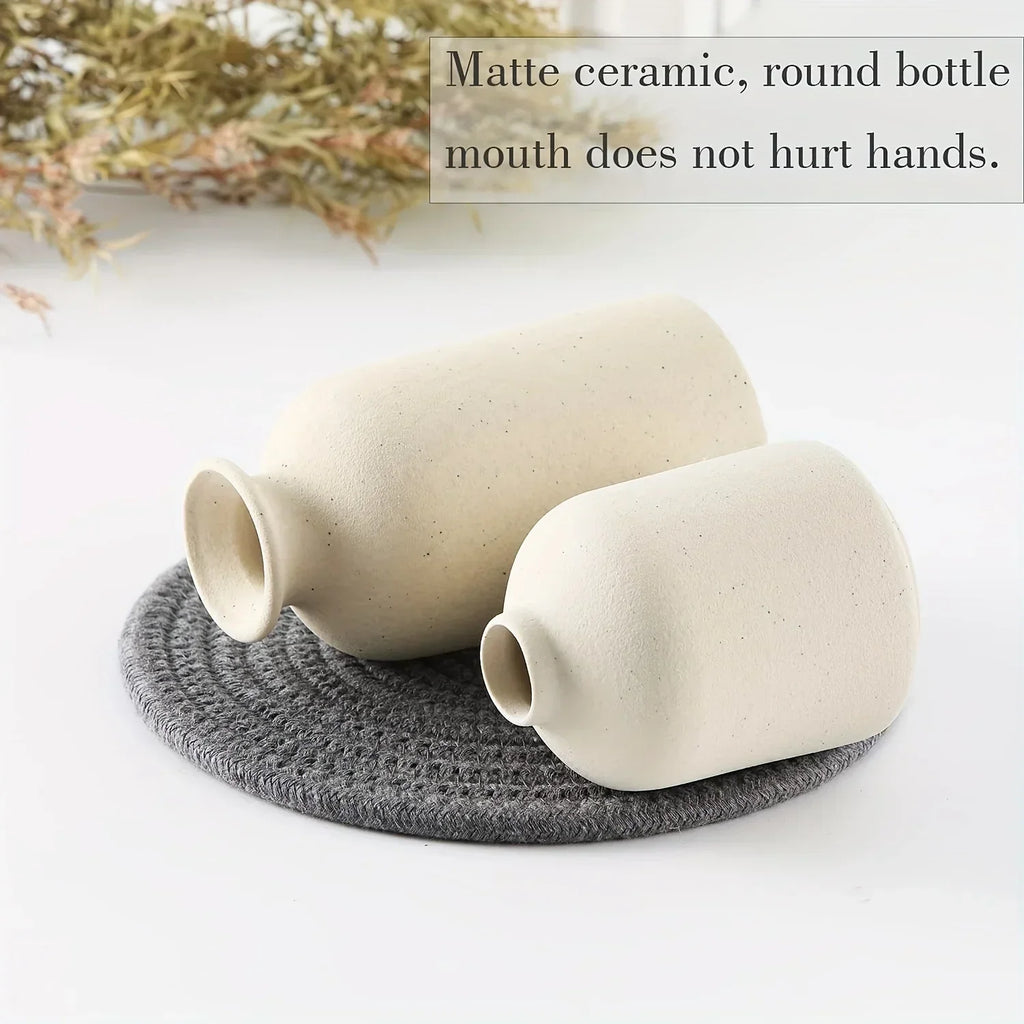 Set of 3 Ceramic Vases Rustic Farmhouse Decorative Beige