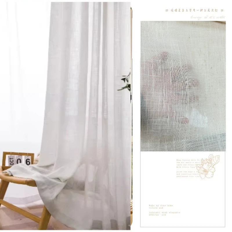 Custom Size White Tulle Beige Linen Look Sheer Curtians