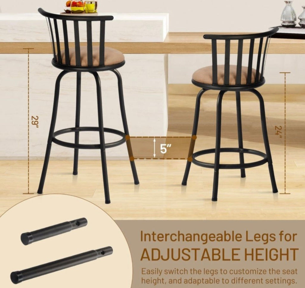 Open Box FurnitureR Adjustable Classic Barstools Set of 2, Country Style Bar Chairs with Back and Footrest Swivel Counter Height Bar Stools with Inter
