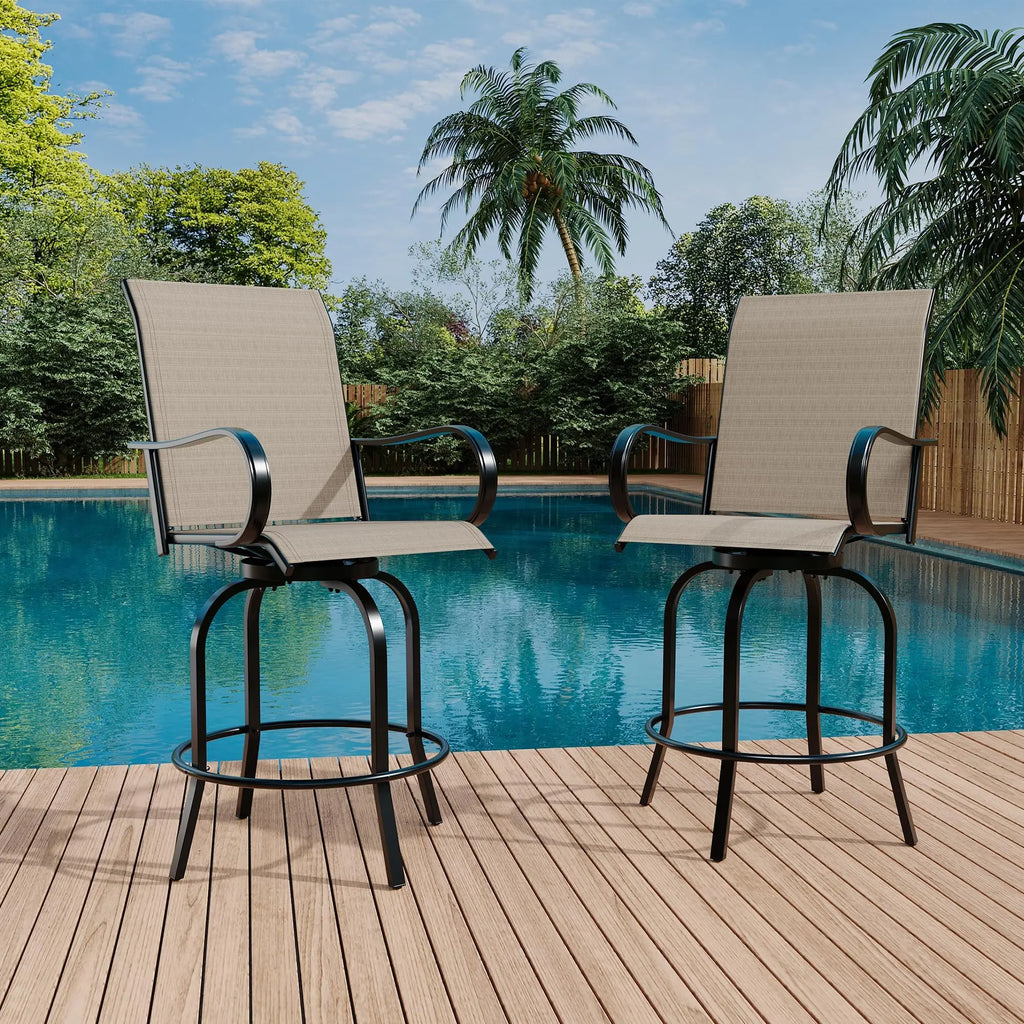 Set Of 2 All-Weather Swivel Bar Stools, 360° Rotating Outdoor Counter Height Chairs With High Back & Armrests For Deck Patio