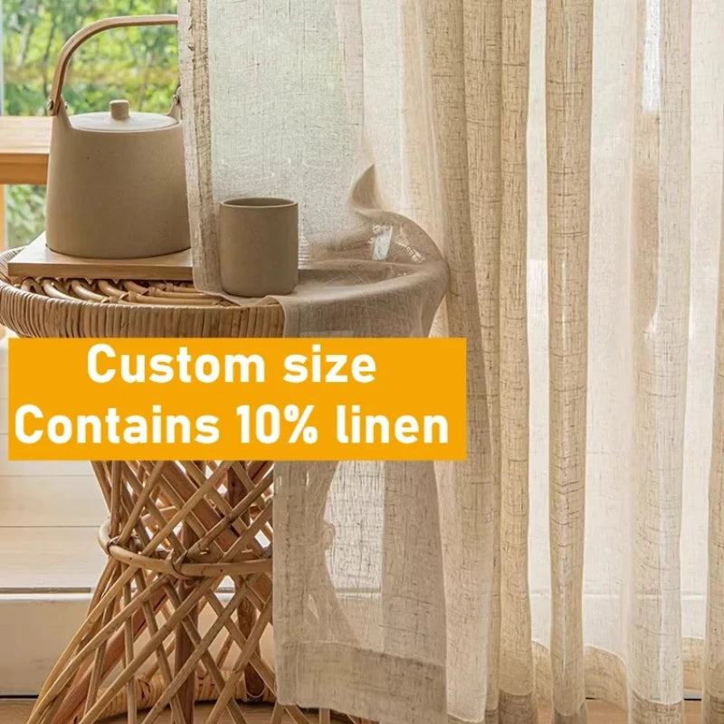 Custom Size White Tulle Beige Linen Look Sheer Curtians