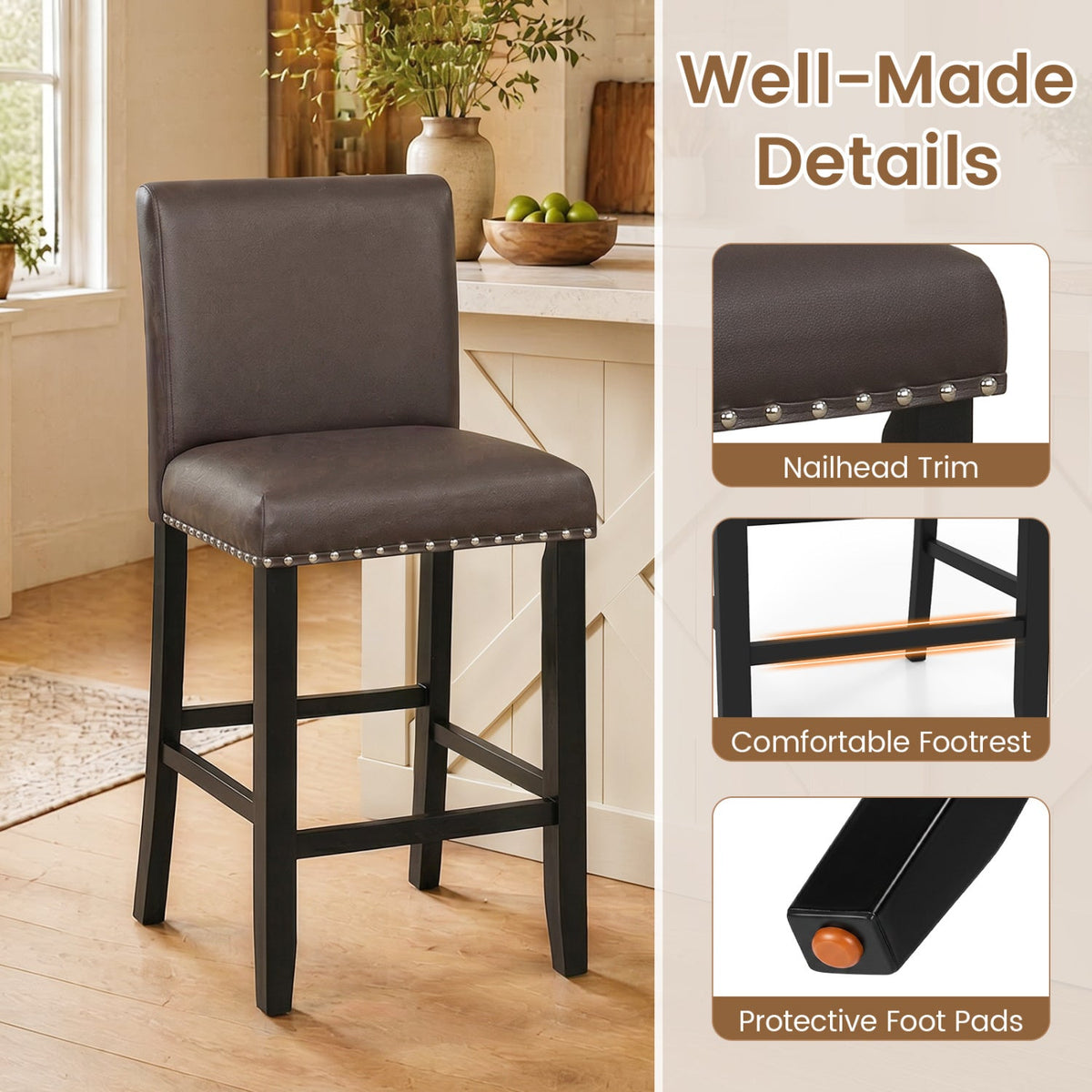 Bar Stools with Back Set of 2 - 25.5" Counter Height