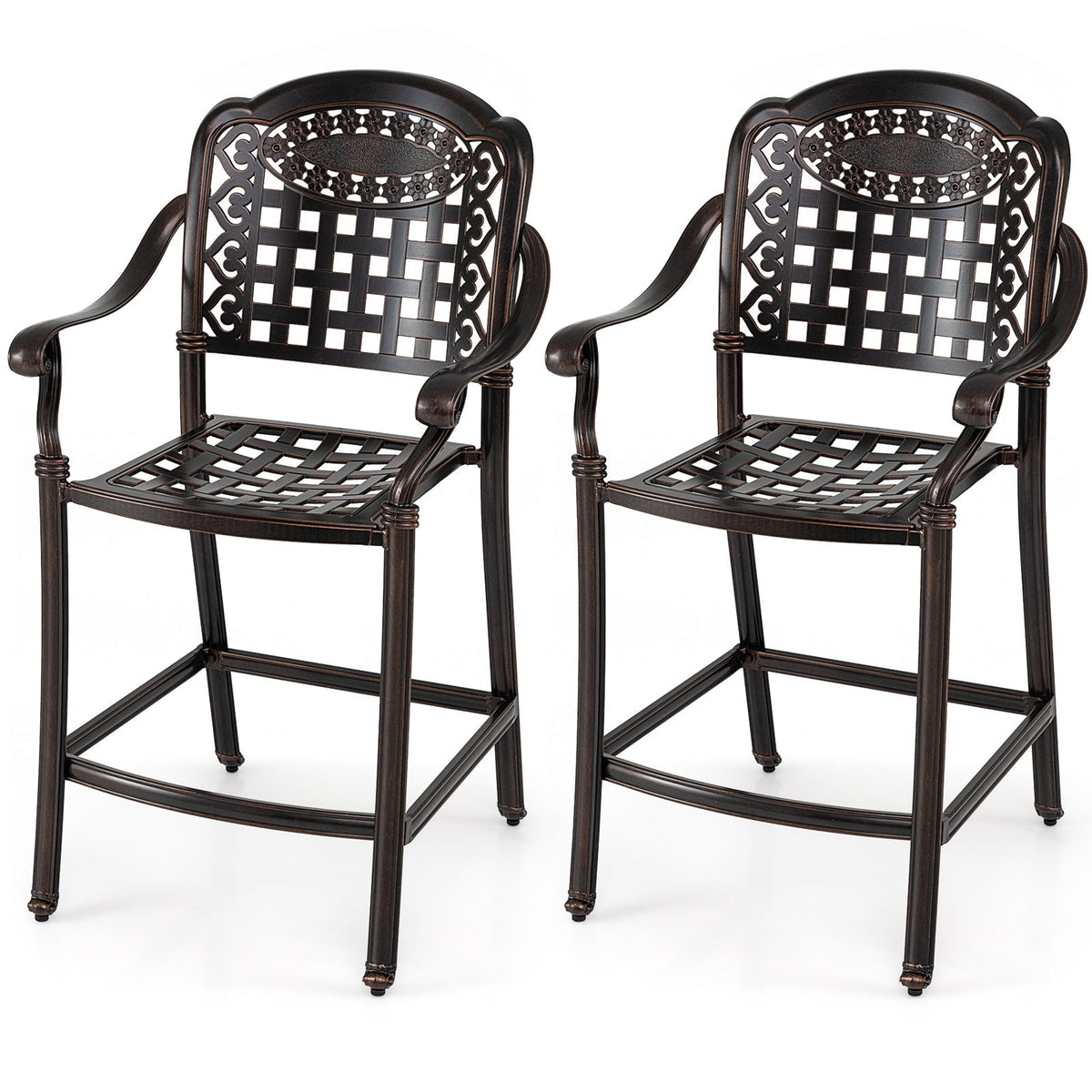 Set of 2 Outdoor Bar Stool 25.5 Inch Counter Height Cast Aluminum Bar Chairs-Copper