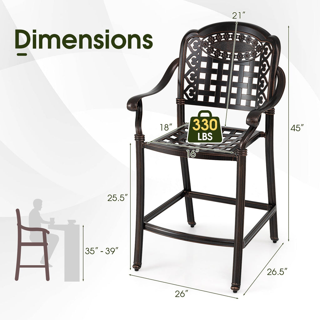 Set of 2 Outdoor Bar Stool 25.5 Inch Counter Height Cast Aluminum Bar Chairs-Copper