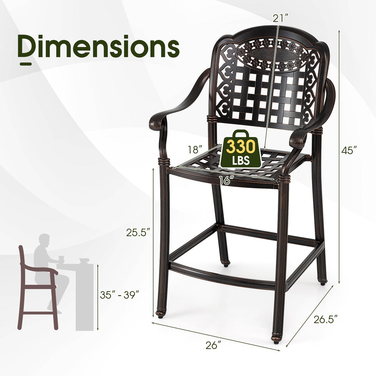 Set of 2 Outdoor Bar Stool 25.5 Inch Counter Height Cast Aluminum Bar Chairs-Copper