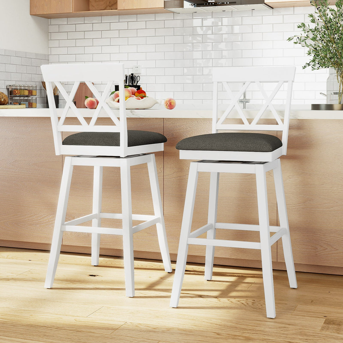 Set of 2 Swivel Bar Stools Counter Height Barstools with Backrest Upholstered Seat Cushion