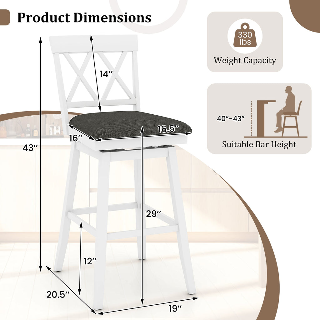 Set of 2 Swivel Bar Stools Counter Height Barstools with Backrest Upholstered Seat Cushion