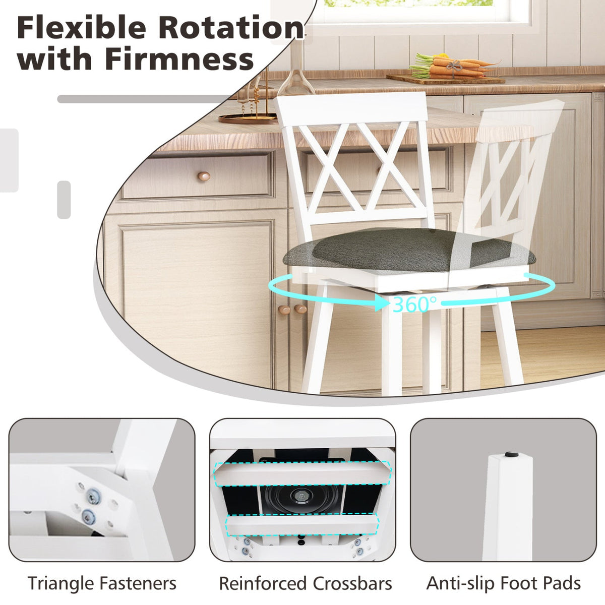 Set of 2 Swivel Bar Stools Counter Height Barstools with Backrest Upholstered Seat Cushion
