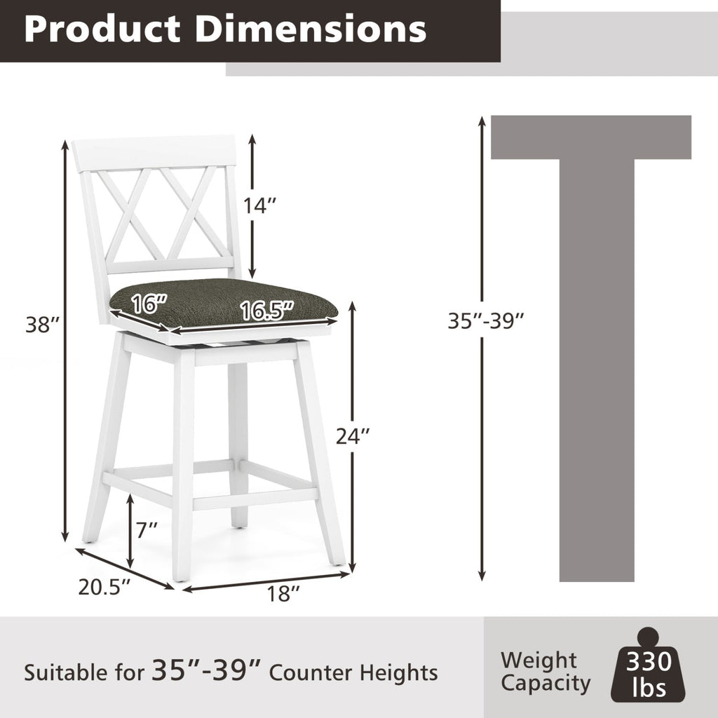 Set of 2 Swivel Bar Stools Counter Height Barstools with Backrest Upholstered Seat Cushion
