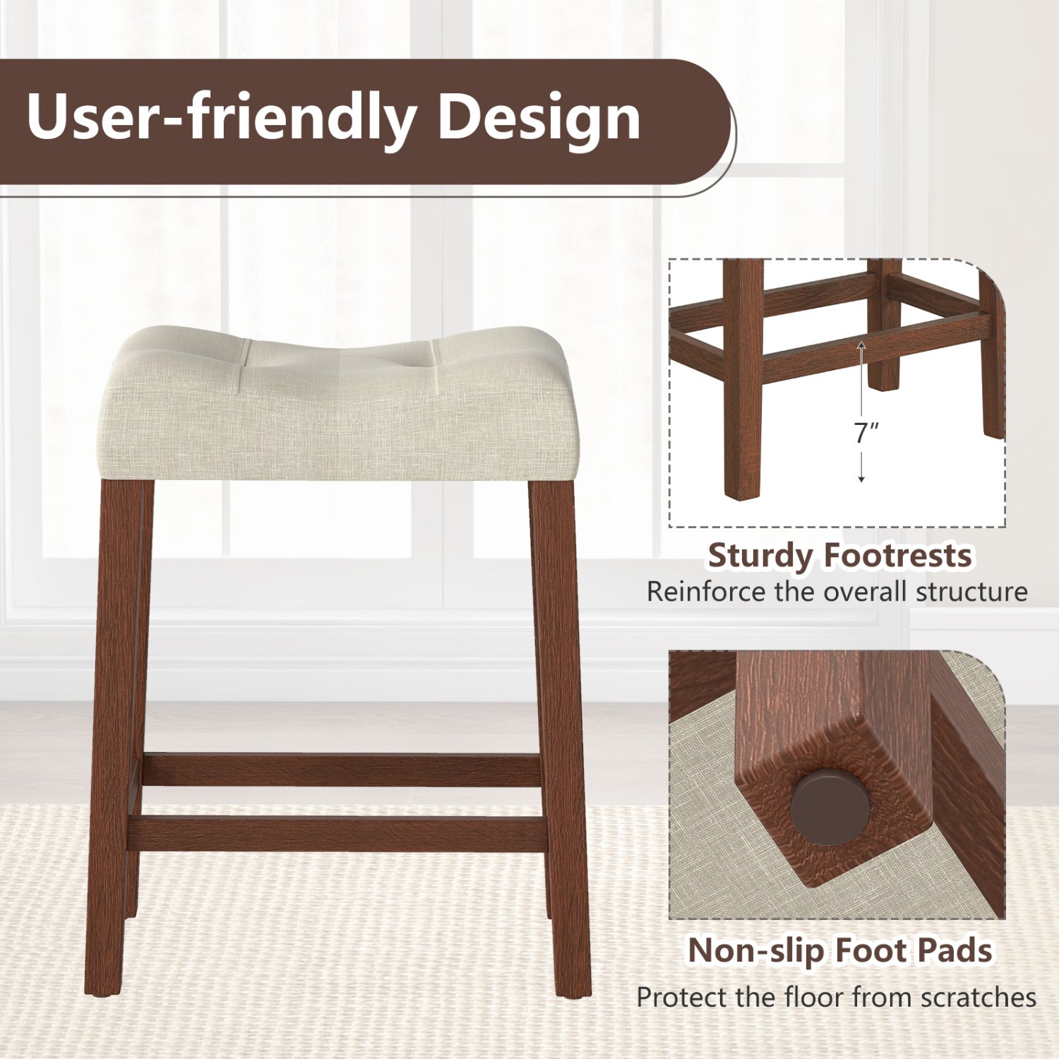 Set of 2 Upholstered Counter Height Bar Stool with Curved Saddle-Seat