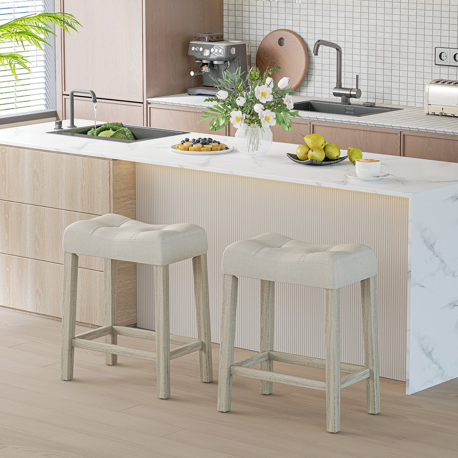 Set of 2 Upholstered Counter Height Bar Stool with Curved Saddle-Seat