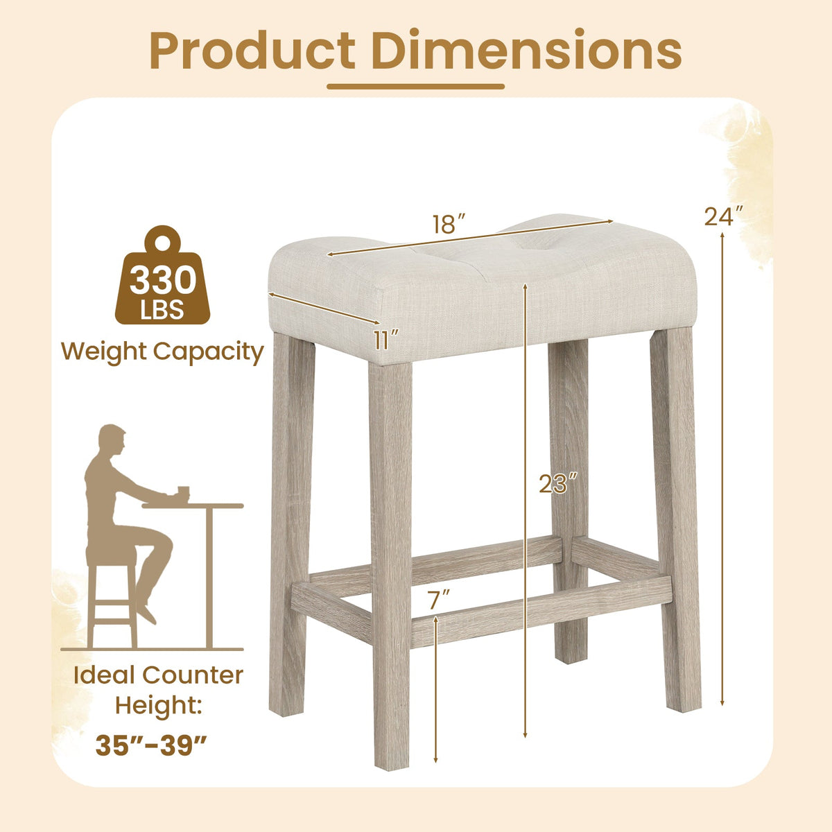 Set of 2 Upholstered Counter Height Bar Stool with Curved Saddle-Seat