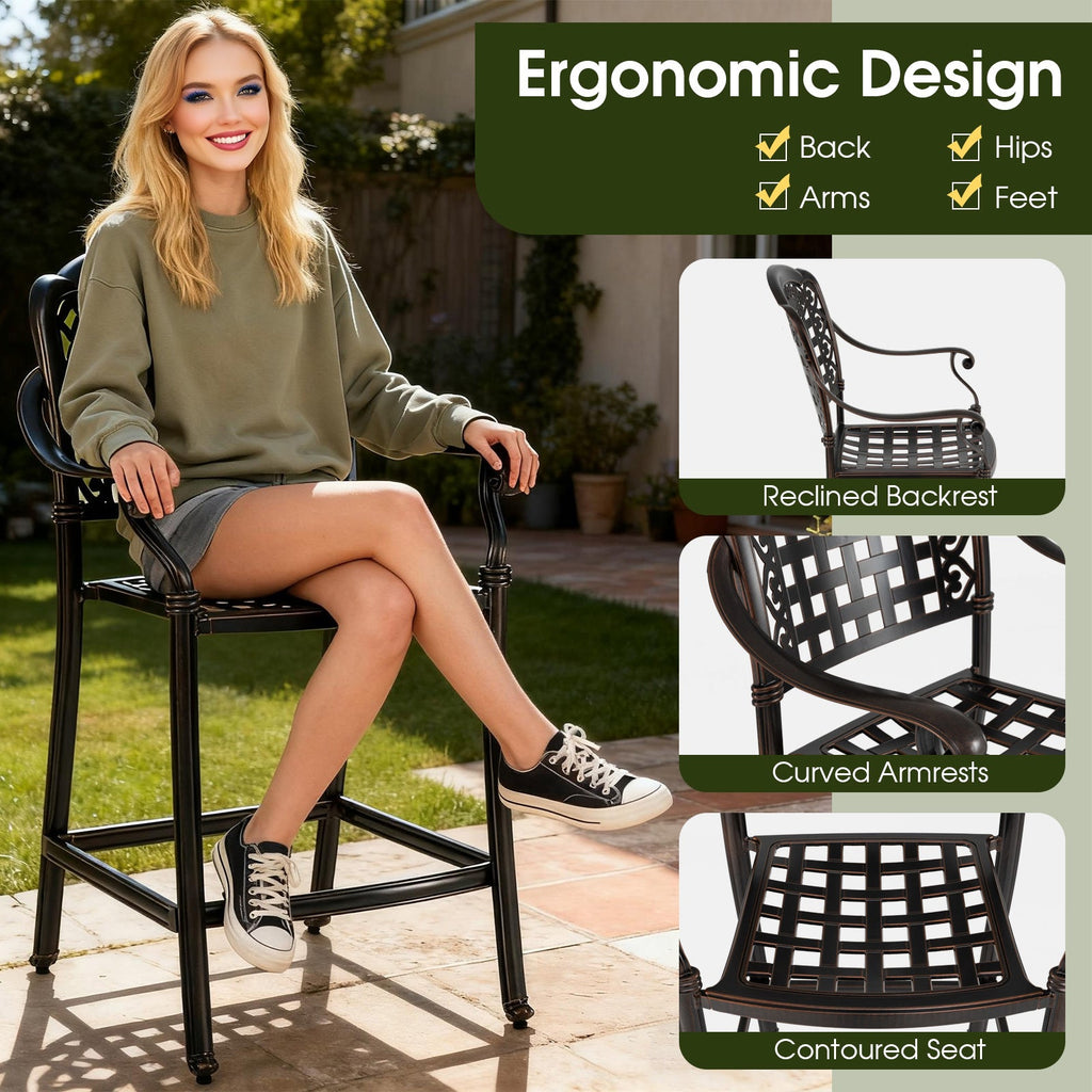 Set of 4 Outdoor Bar Stool 25.5 Inch Counter Height Cast Aluminum Bar Chairs-Copper