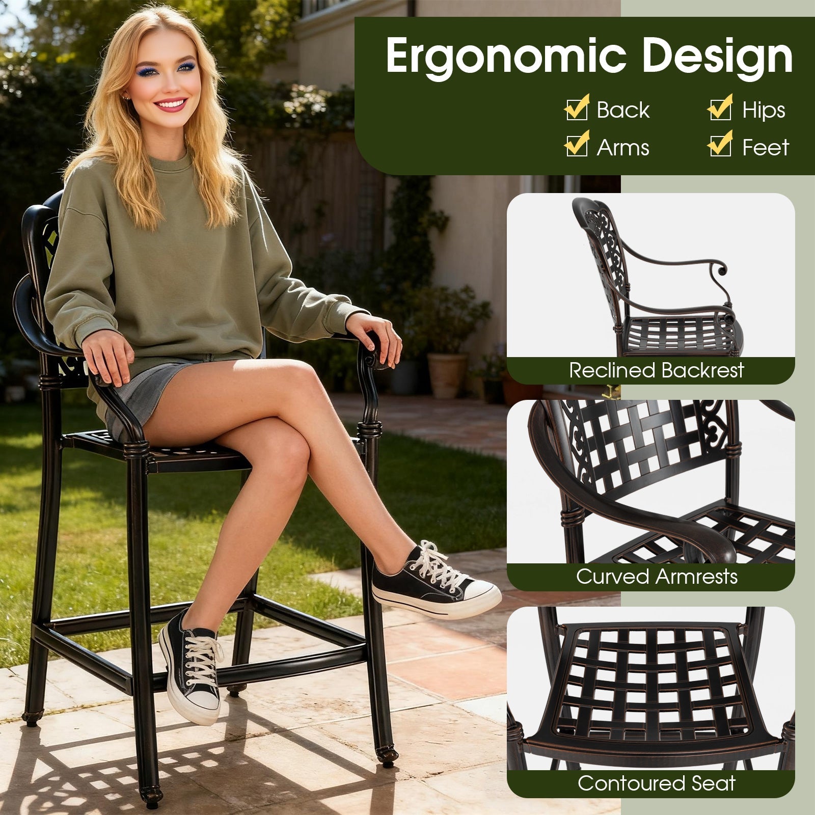 Set of 4 Outdoor Bar Stool 25.5 Inch Counter Height Cast Aluminum Bar Chairs-Copper