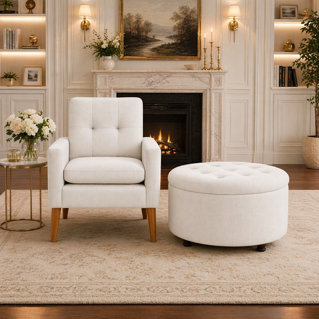 White Upholstered Accent Chair with Round Storage Ottoman Set for Living Room or Bedroom