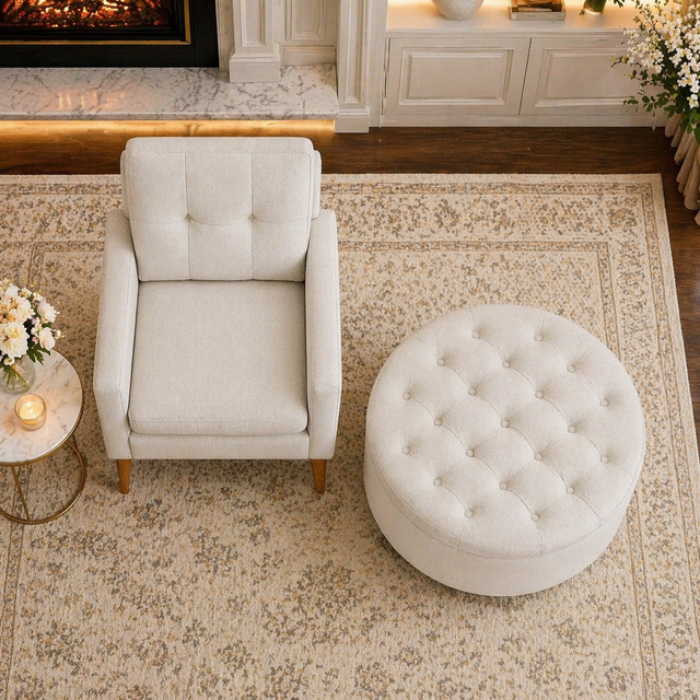 White Upholstered Accent Chair with Round Storage Ottoman Set for Living Room or Bedroom