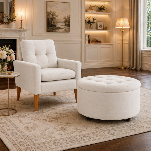 White Upholstered Accent Chair with Round Storage Ottoman Set for Living Room or Bedroom