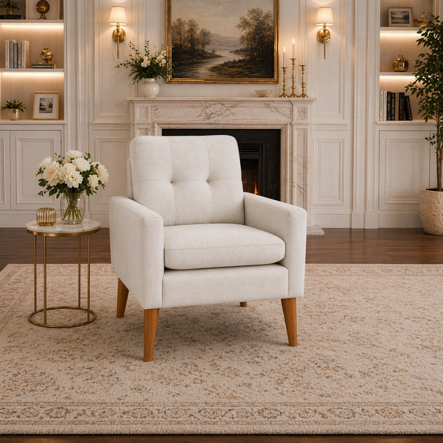 White Upholstered Accent Chair with Round Storage Ottoman Set for Living Room or Bedroom