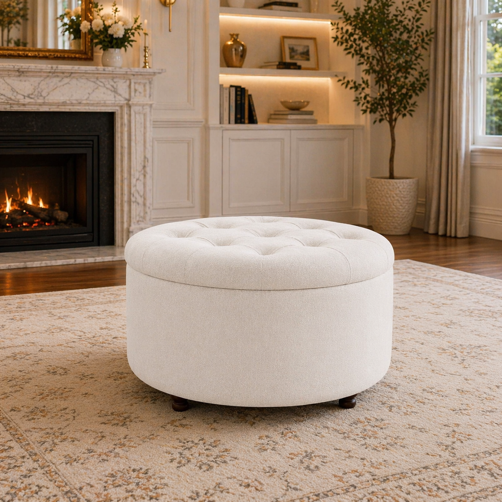 White Upholstered Accent Chair with Round Storage Ottoman Set for Living Room or Bedroom