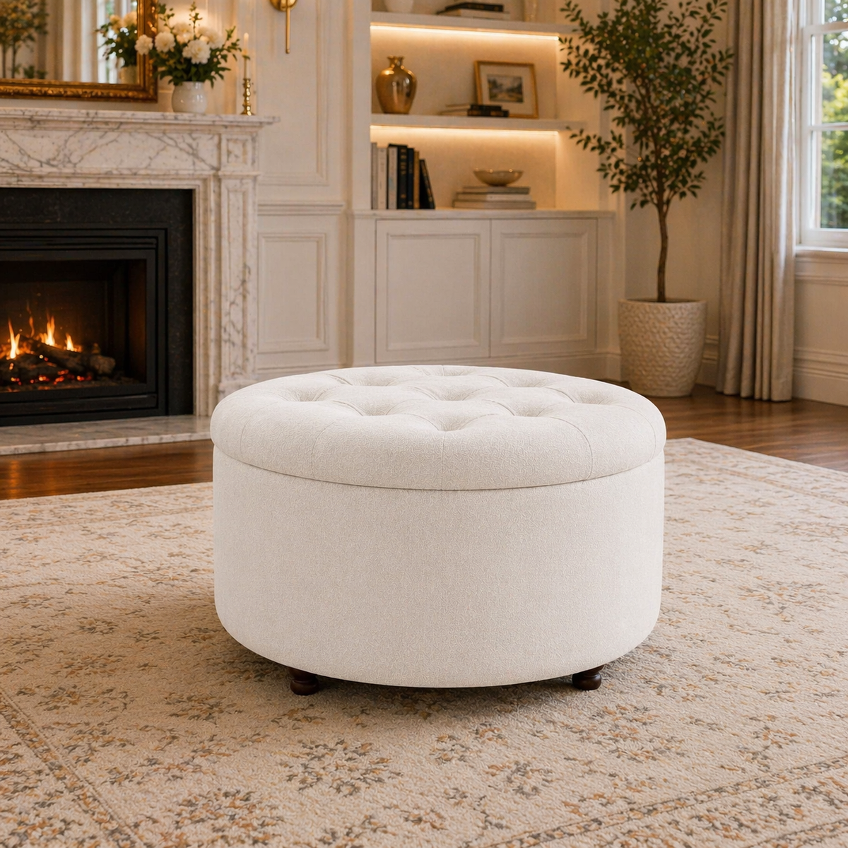 White Upholstered Accent Chair with Round Storage Ottoman Set for Living Room or Bedroom