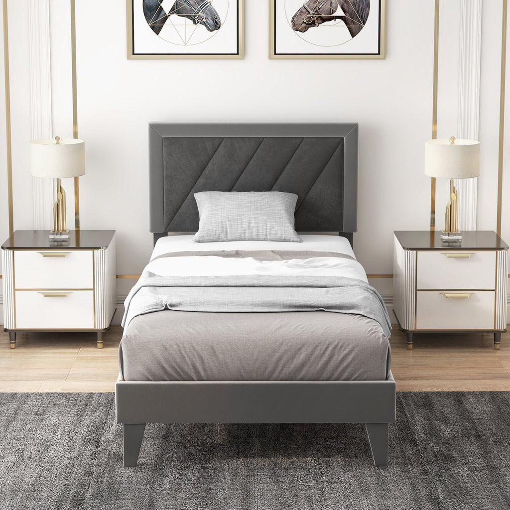 Twin/Full/Queen Platform Bed with High Headboard and Wooden Slats