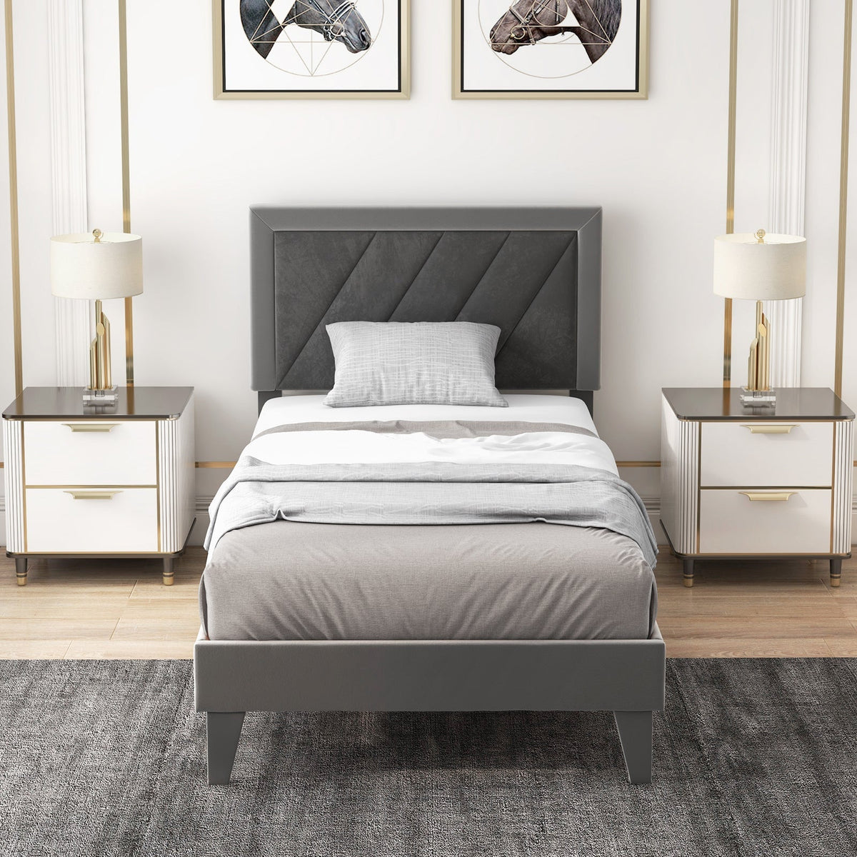 Twin/Full/Queen Platform Bed with High Headboard and Wooden Slats