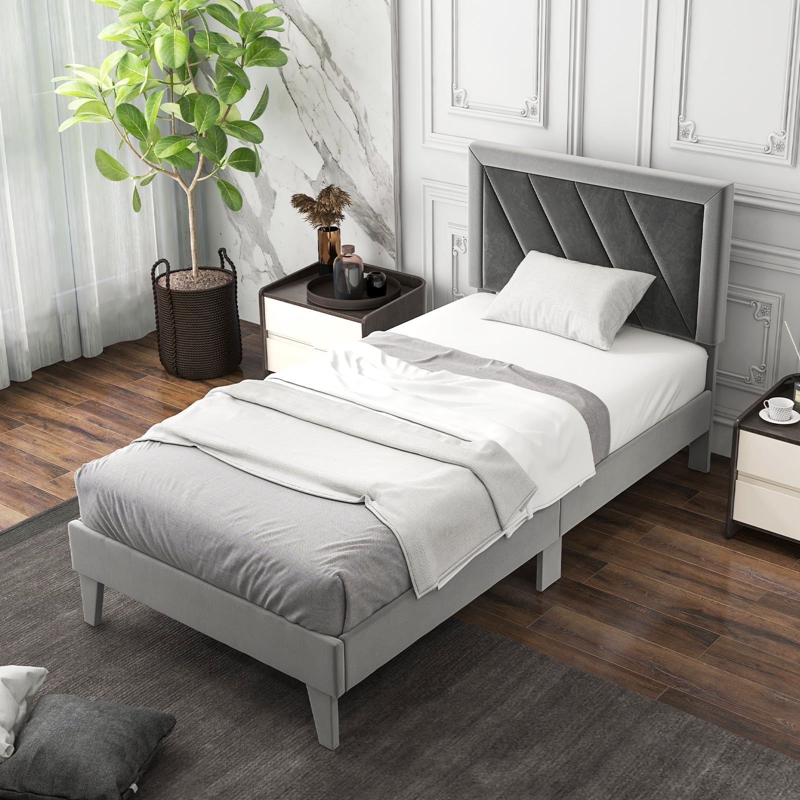 Twin/Full/Queen Platform Bed with High Headboard and Wooden Slats
