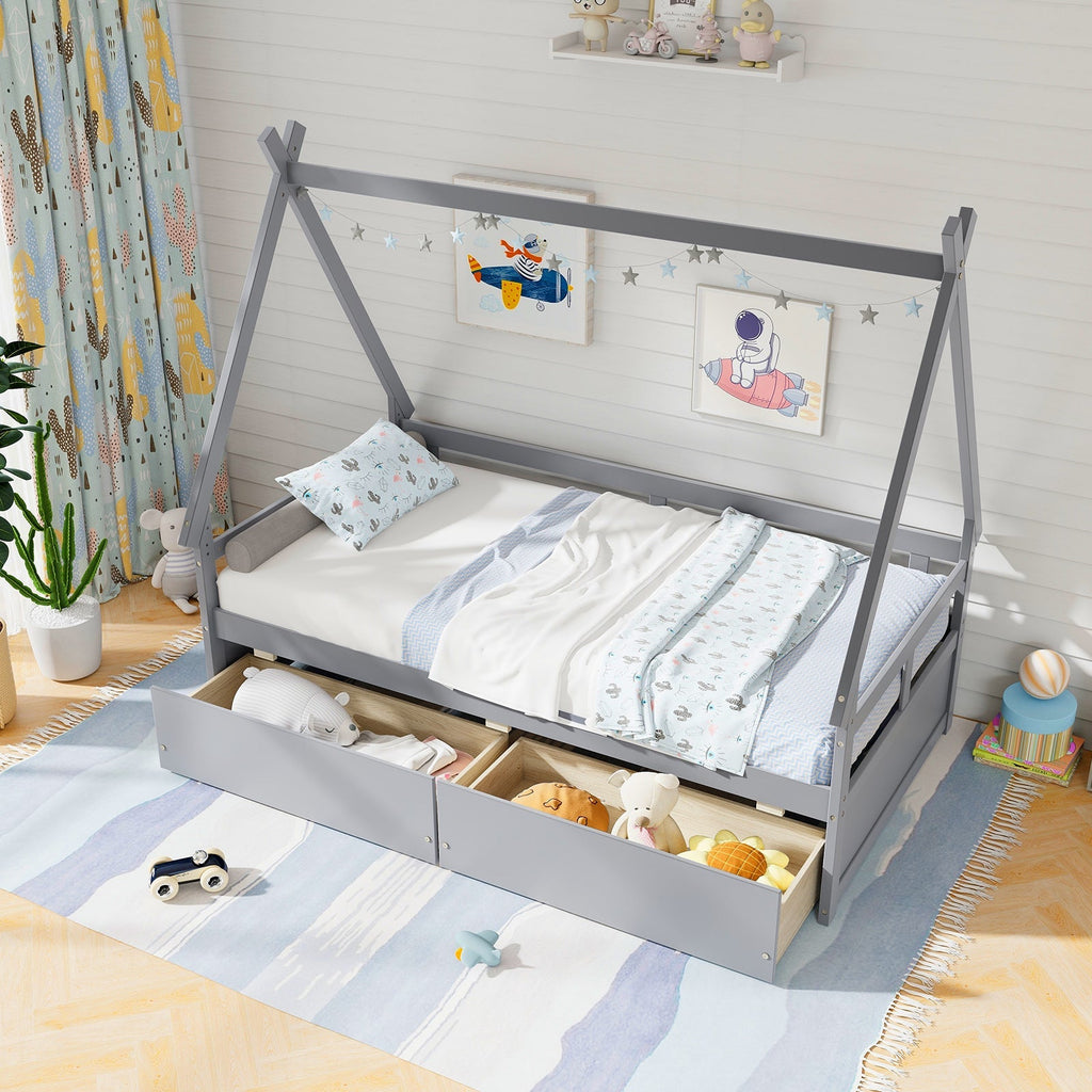 Twin Size House Bed with Roof and Safety Guardrail
