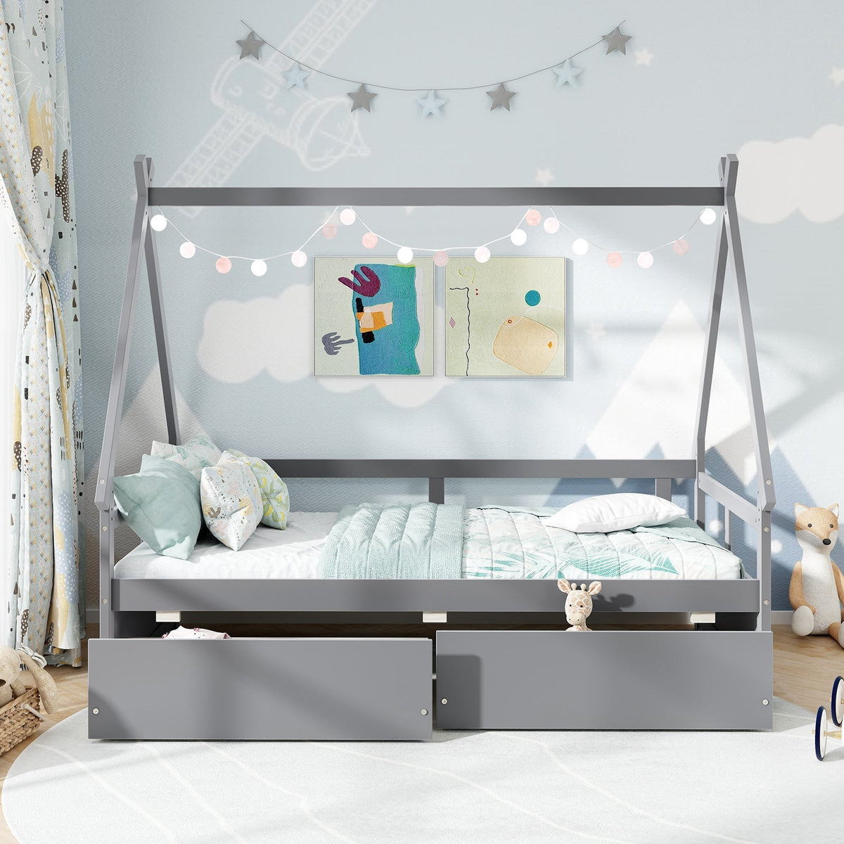 Twin Size House Bed with Roof and Safety Guardrail