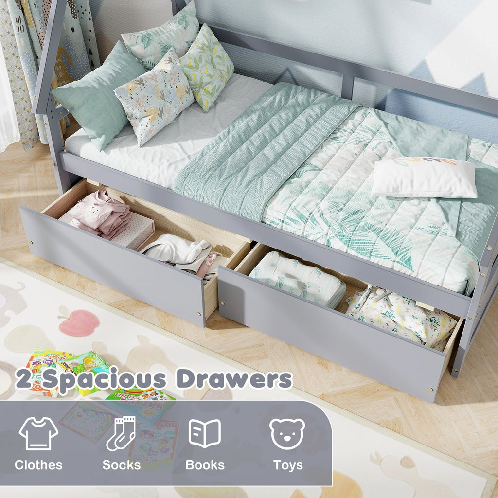 Twin Size House Bed with Roof and Safety Guardrail