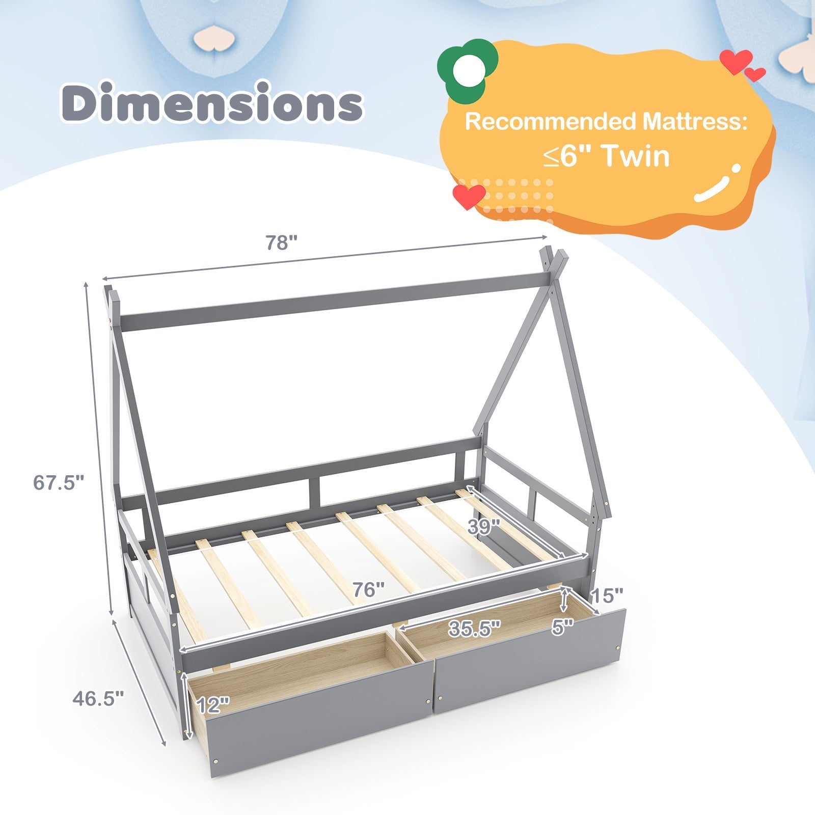 Twin Size House Bed with Roof and Safety Guardrail