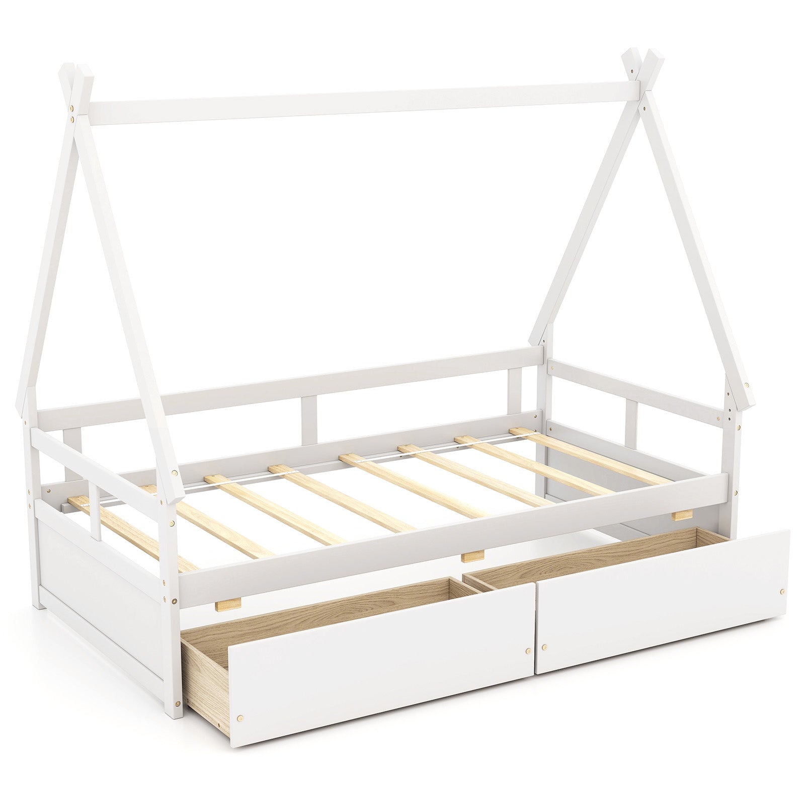 Twin Size House Bed with Roof and Safety Guardrail