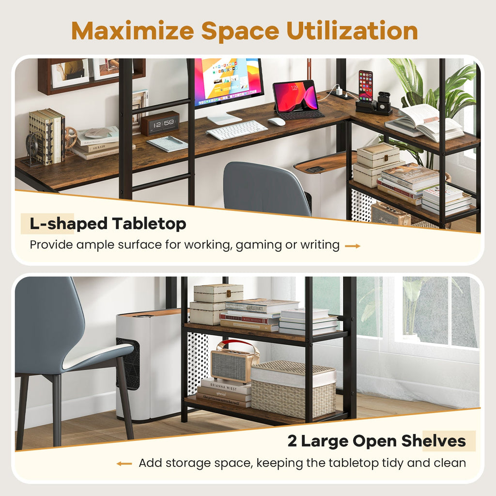 Twin Size Loft Bed Raised Platform Bed with Desk and 2 Storage Shelves-Black