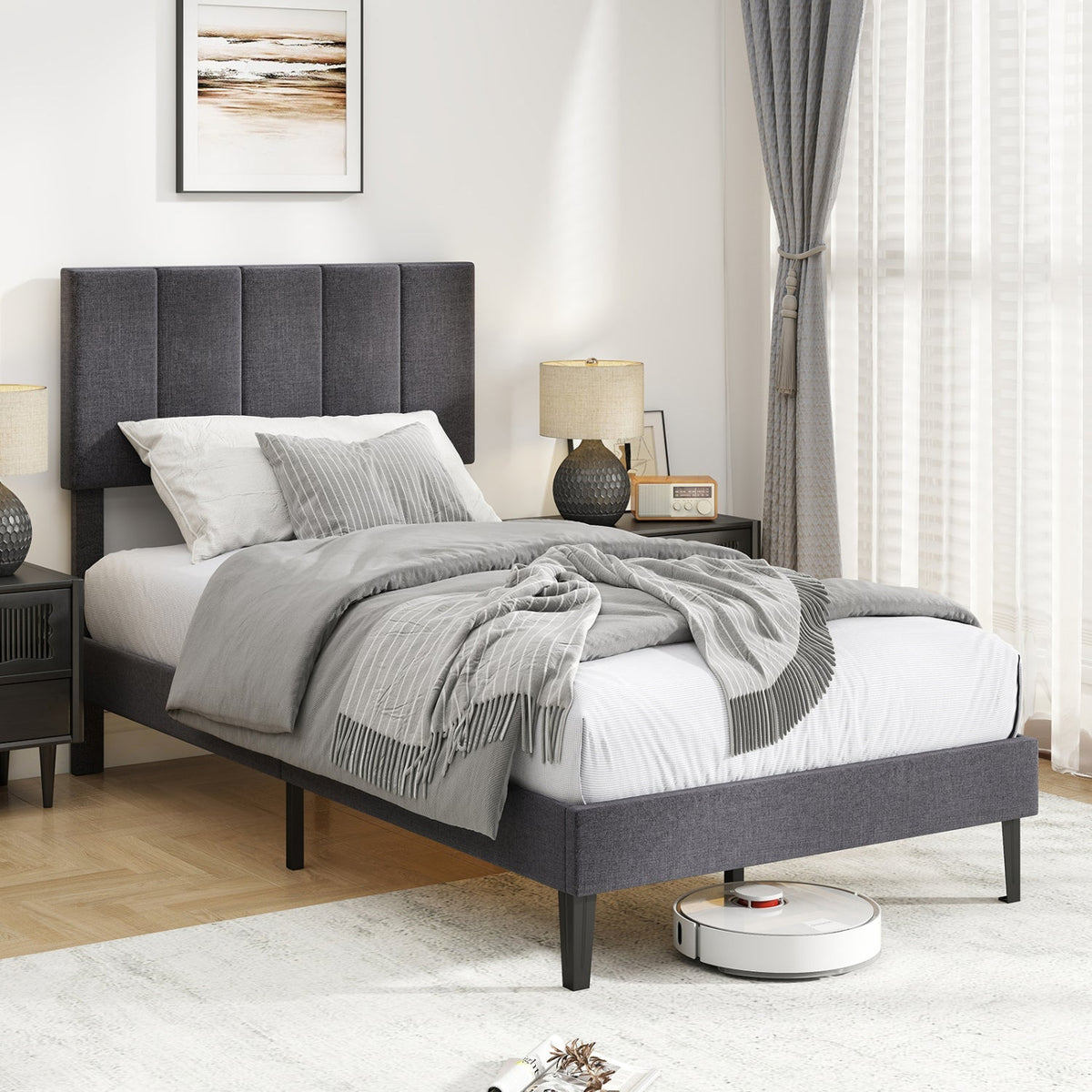 Upholstered Platform Bed with Adjustable Headboard - Twin Size