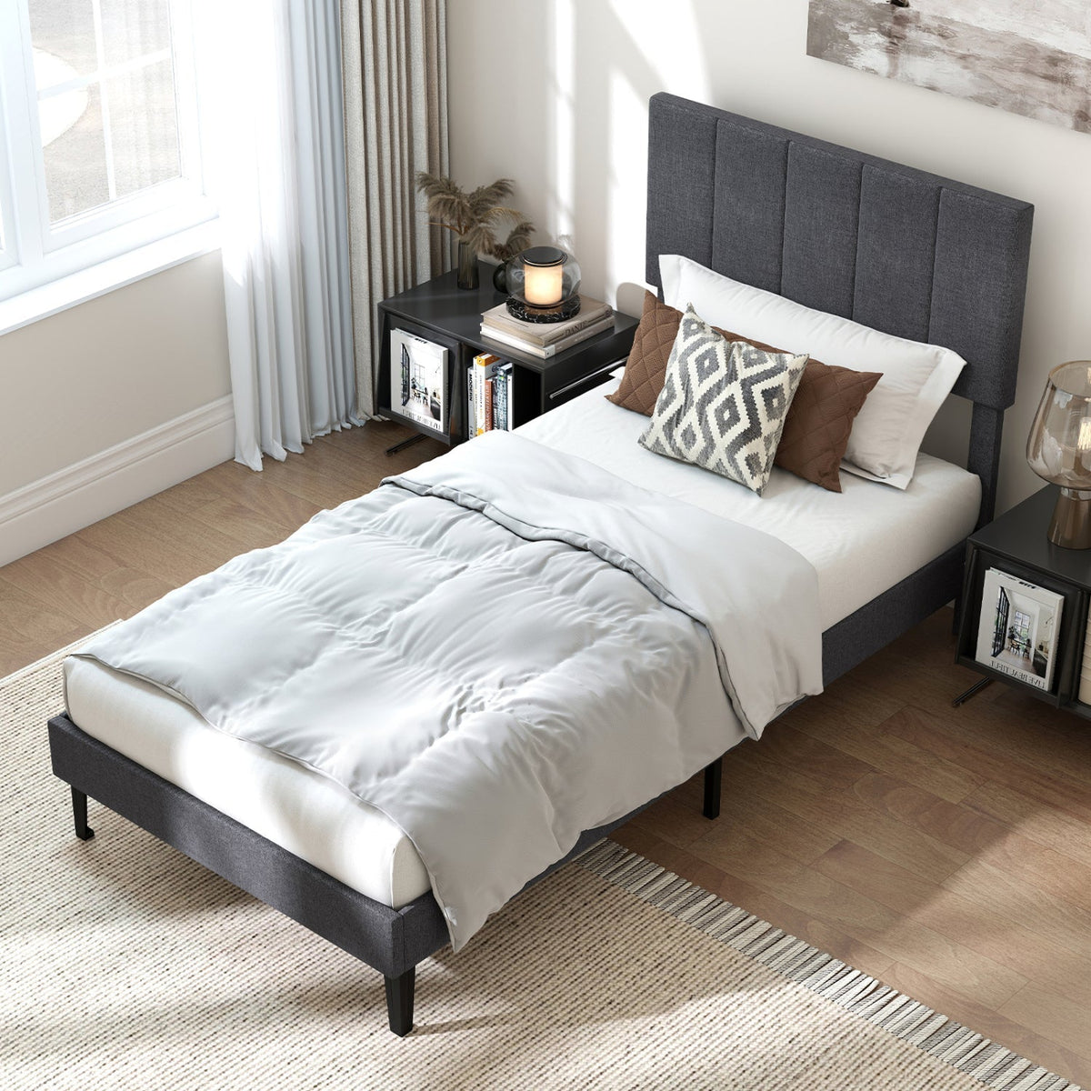 Upholstered Platform Bed with Adjustable Headboard - Twin Size